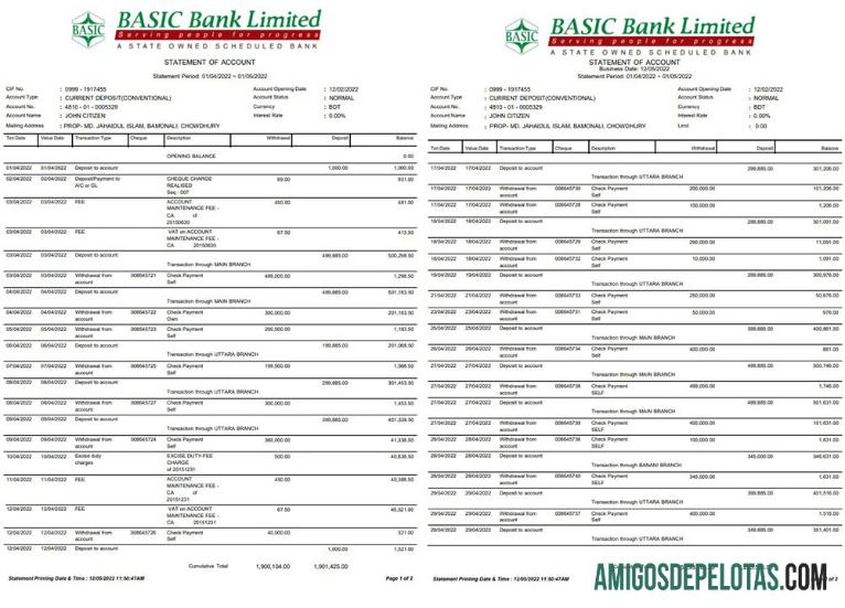 Extrato bancário básico de Bangladesh para download, modelo Word e PDF, 2 páginas